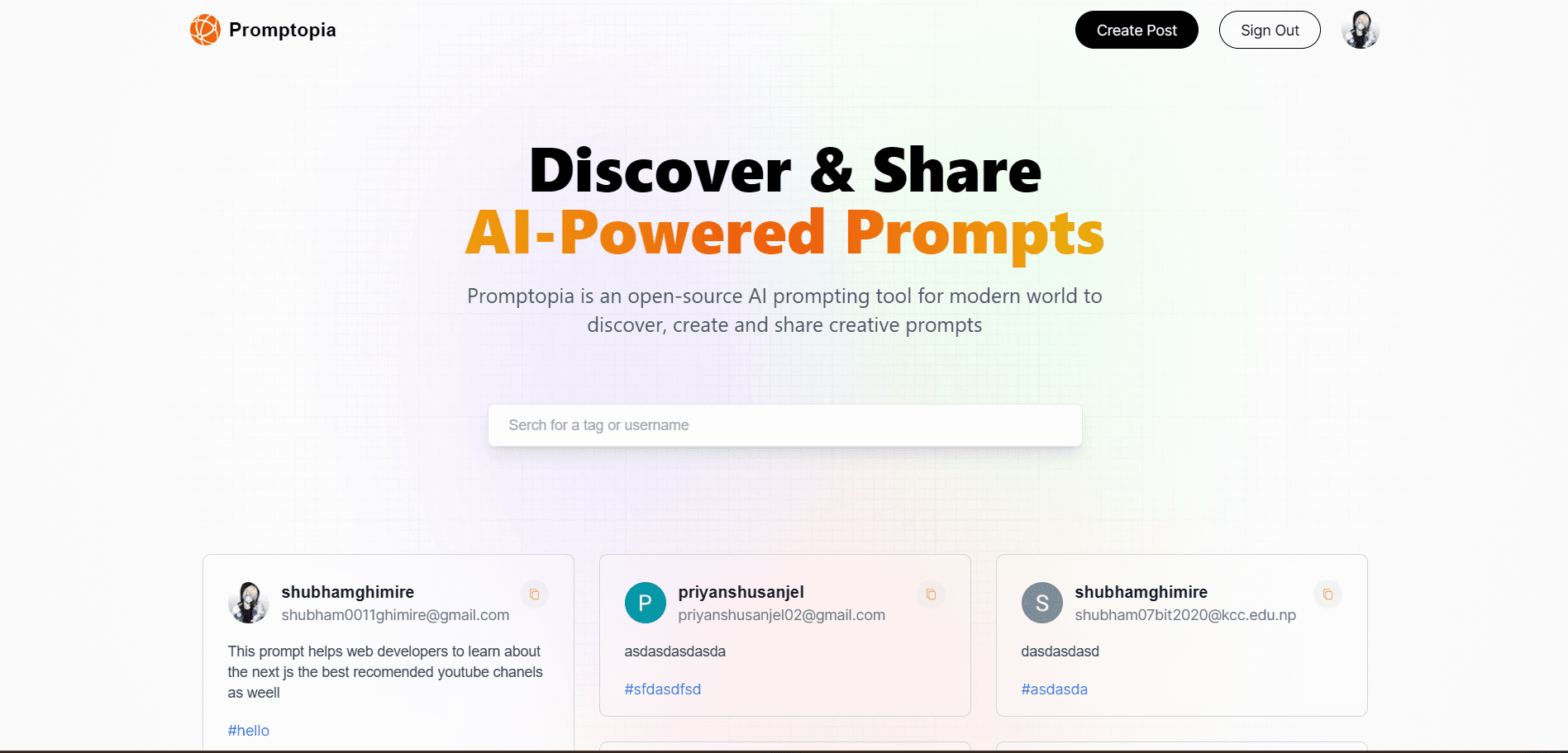 an AI prompt sharing website for sharing quearies and answers